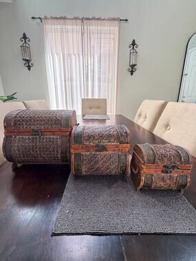 Vintage Boho Nesting Treasure Chests - Set of 3 Wood & Woven Rattan Trunks